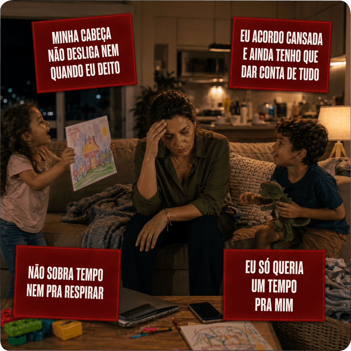 Mãe exausta no sofá entre os filhos, com pensamentos: minha cabeça não desliga nem quando eu deito; eu acordo cansada e ainda tenho que dar conta de tudo; não sobra tempo nem pra respirar; eu só queria um tempo pra mim.